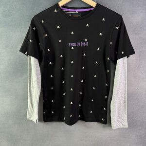 Kids Halloween Trick or Treat Shirt Size 9/10 Black Gray Skeleton Pumpkin Design